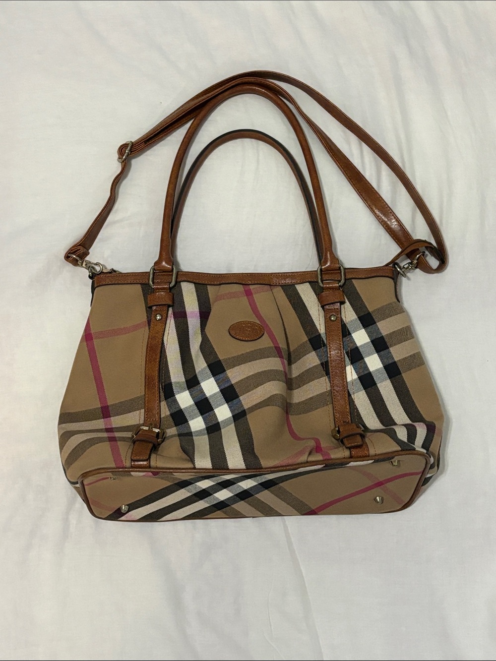 Classic Beige Plaid Tote Handbag with Brown Trim